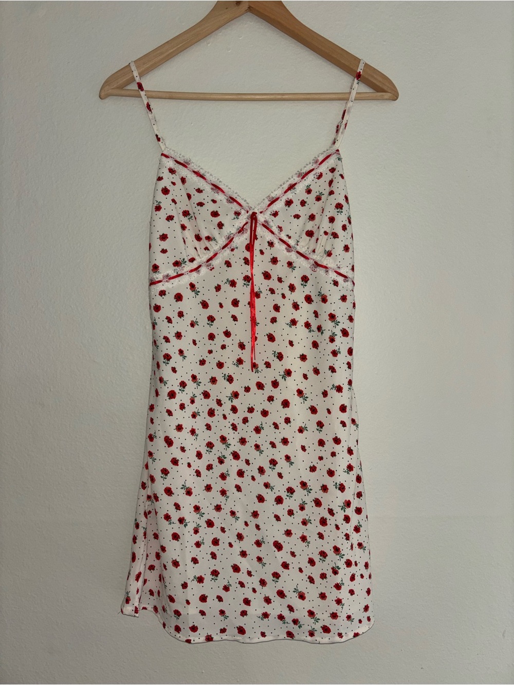 Forever 21 White Satin Mini Slip Dress with Red Floral Print Y2K